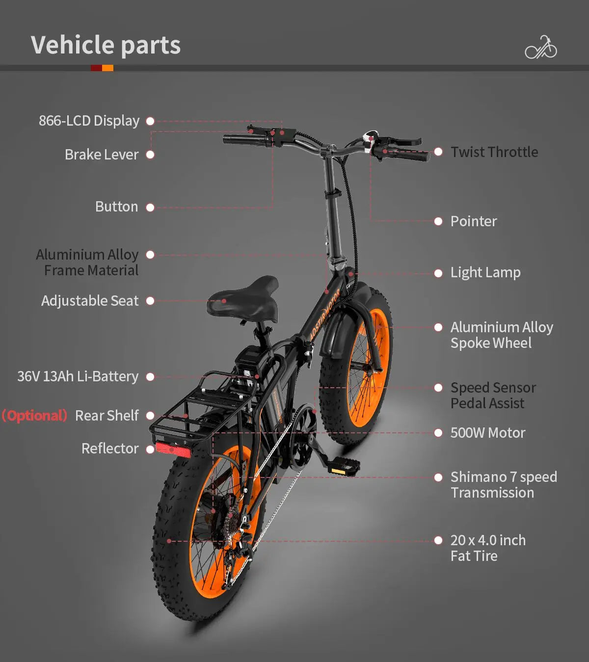 500W Folding Ebike Lithium Battery  20 Inch Fat Tire