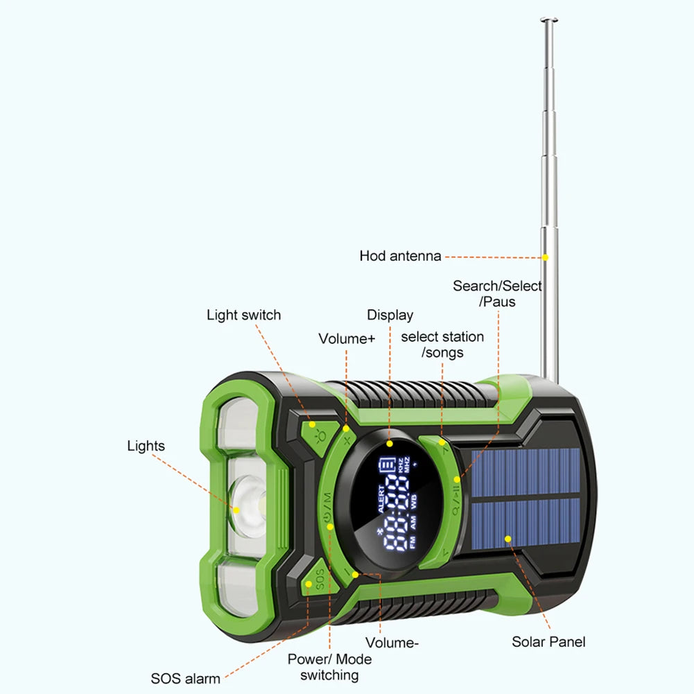 Multifunctional Hand Crank Solar USB Weather Radio with LED Flashlight