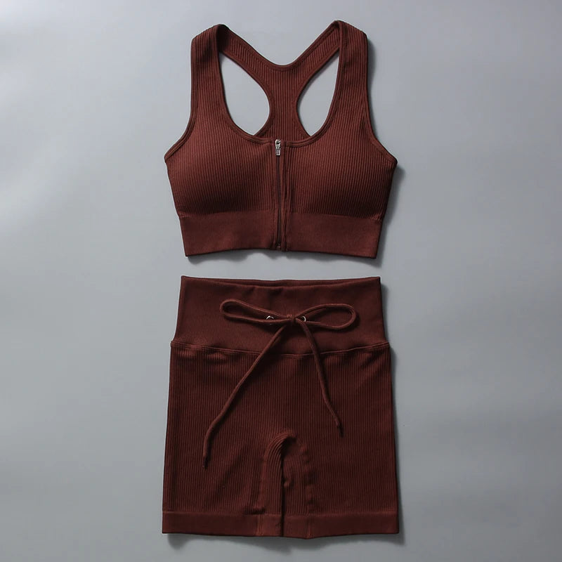 Seamless Yoga Set for Women Zipper Tank Top and Shorts Sport Suit