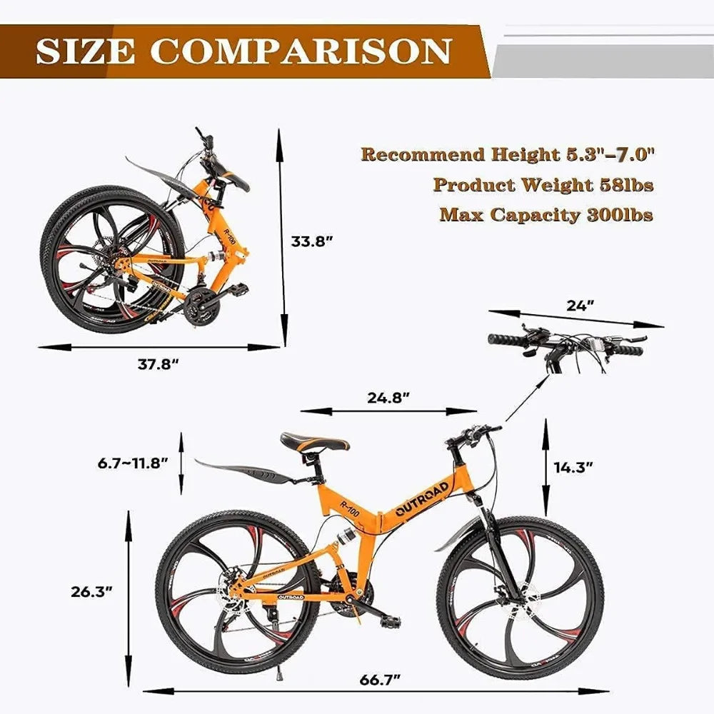 Outroad 26 Inch Folding Mountain Bike, 21 Speed