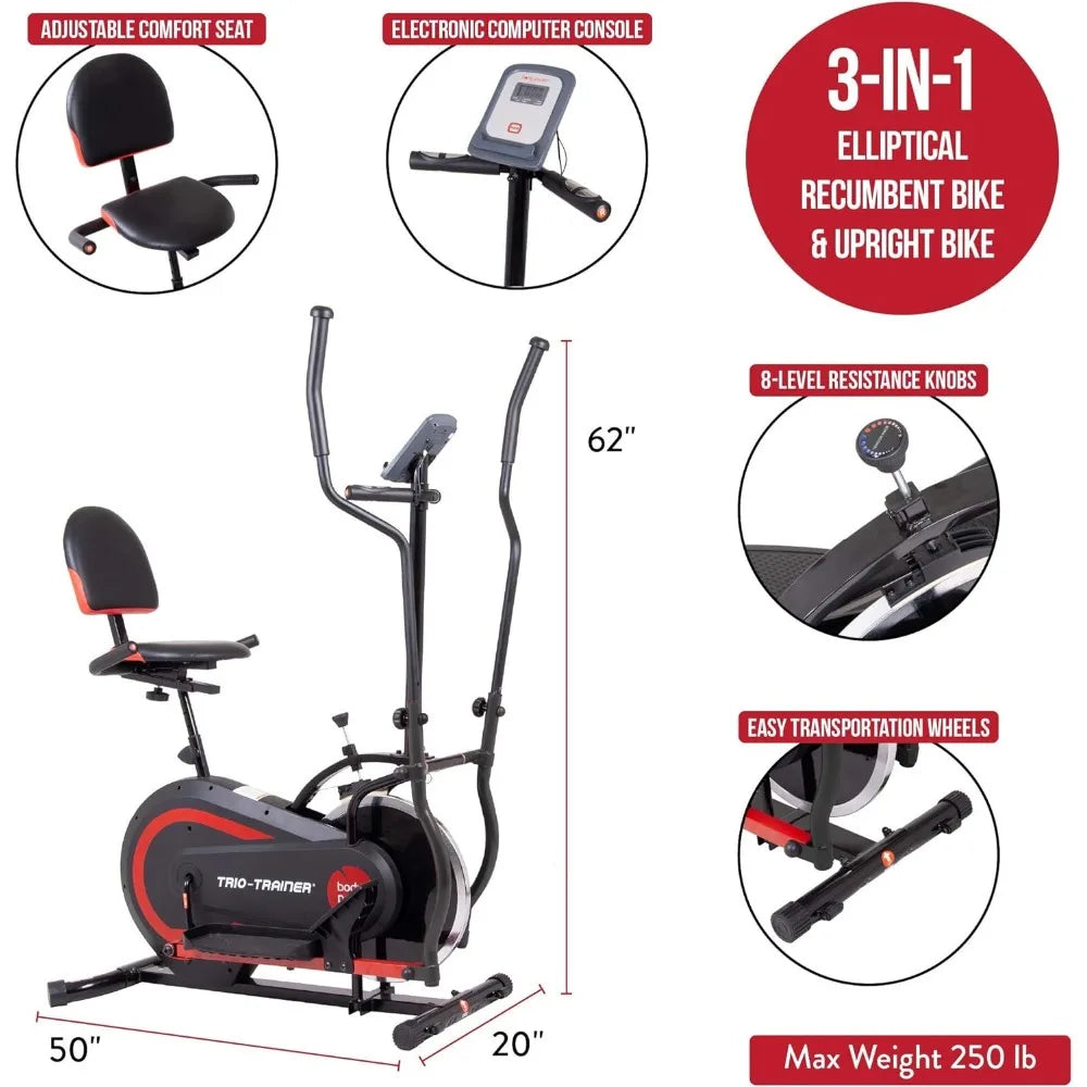 3 in 1 Exercise Machine, Elliptical, Upright Cycling, and Reclined Bike Modes