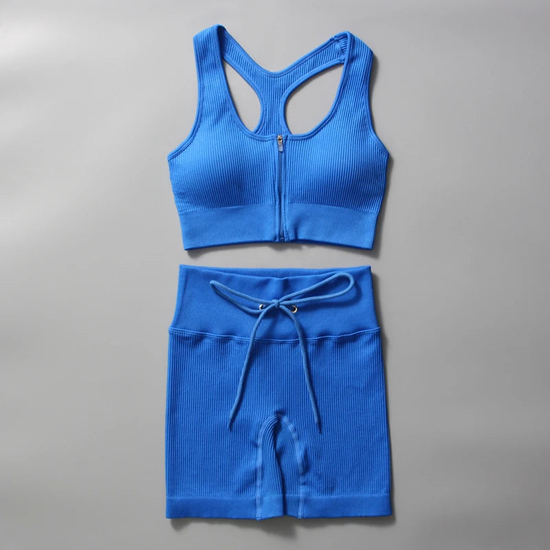 Seamless Yoga Set for Women Zipper Tank Top and Shorts Sport Suit