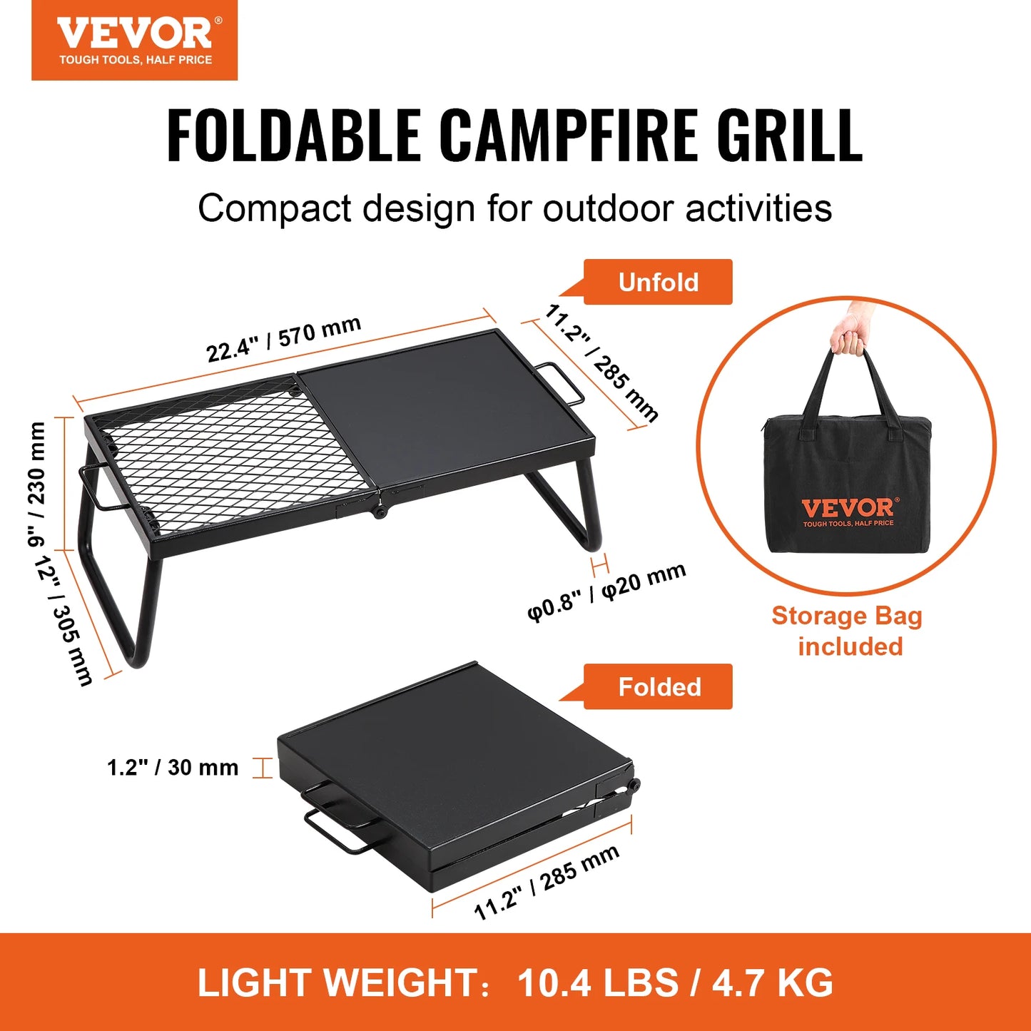 Folding Campfire Grill, Portable with Legs Carrying Bag